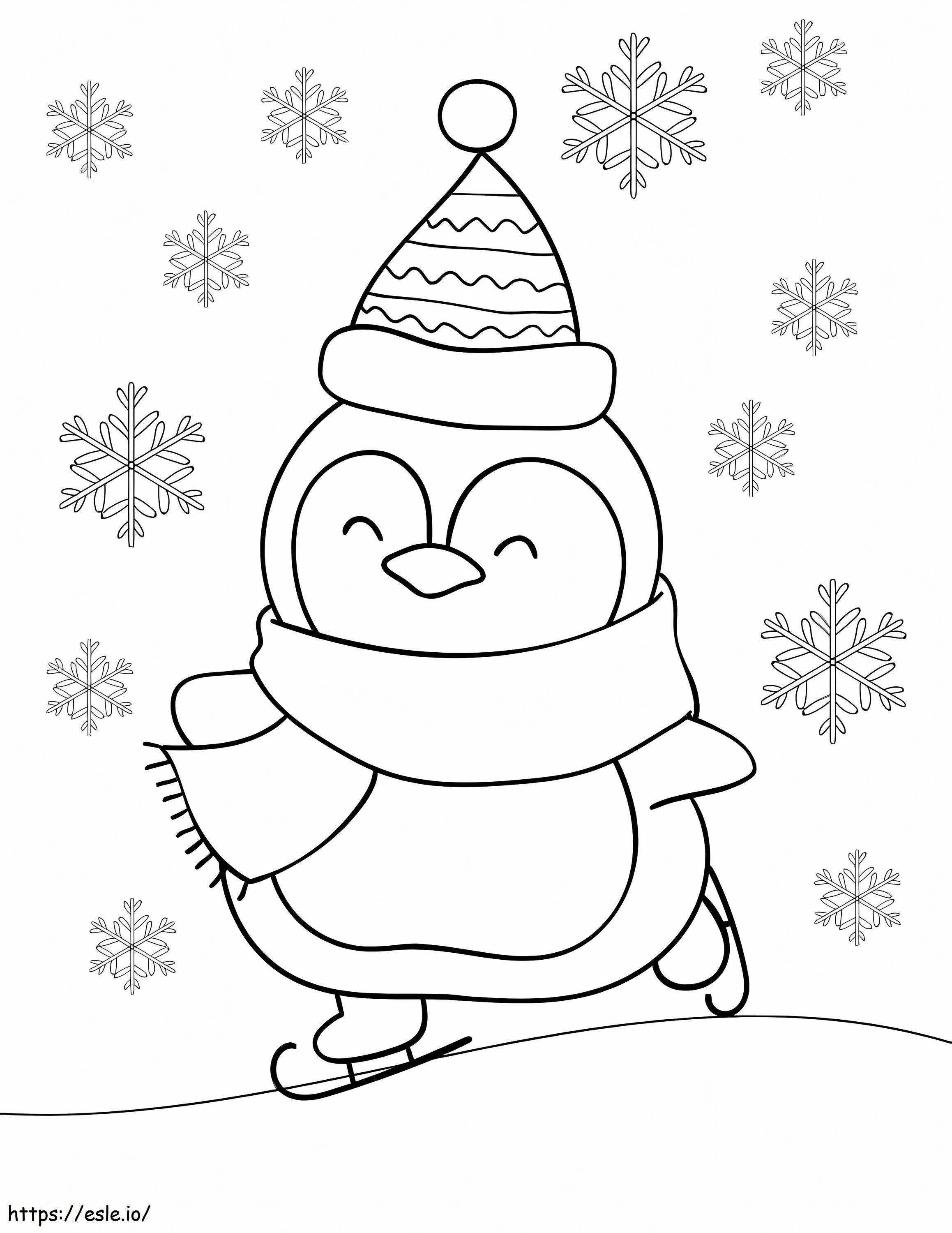 Pinguin fährt mit Schneeflocken ausmalbilder