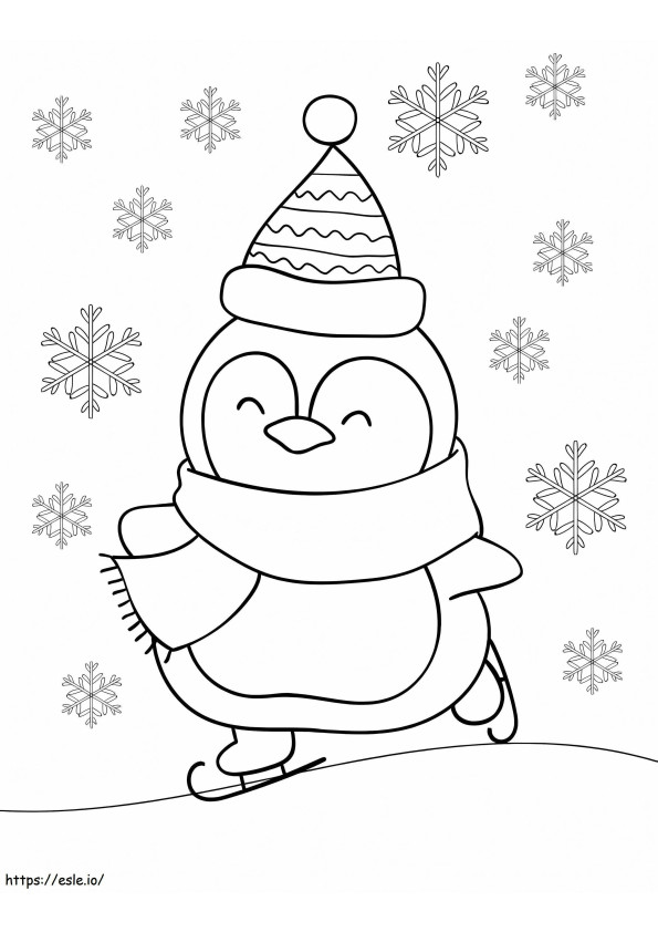 Coloriage Pingouin skiant avec des flocons de neige à imprimer dessin
