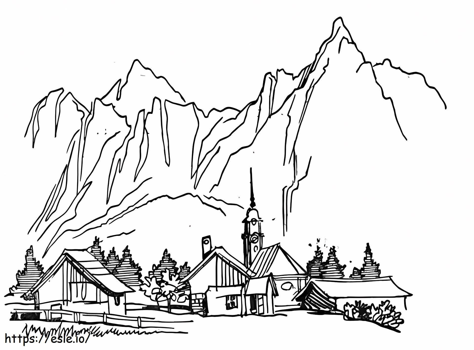 Pueblo Al Pie De La Montaña para colorear