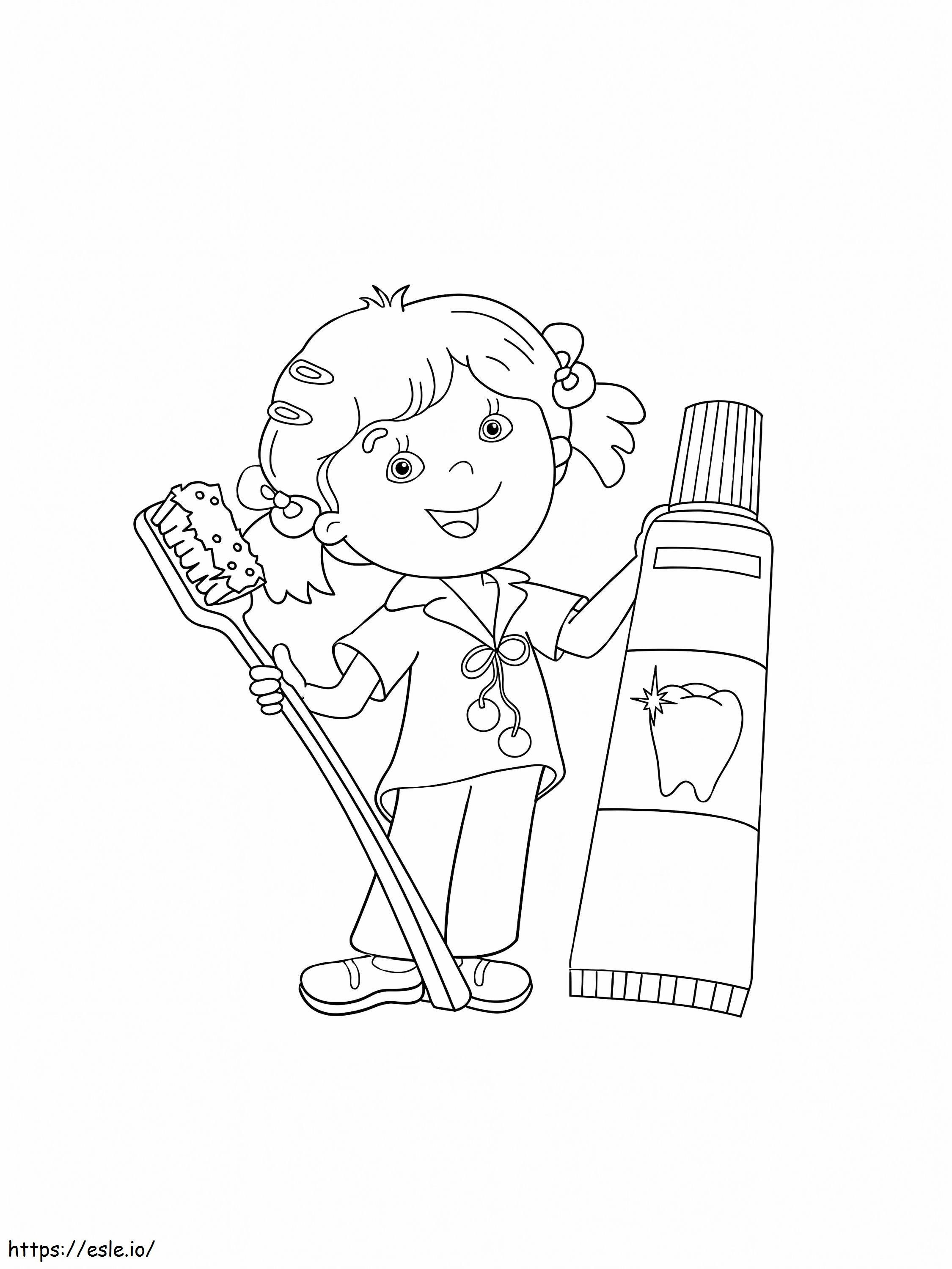 Coloriage Fille avec brosse à dents et dentifrice à imprimer dessin