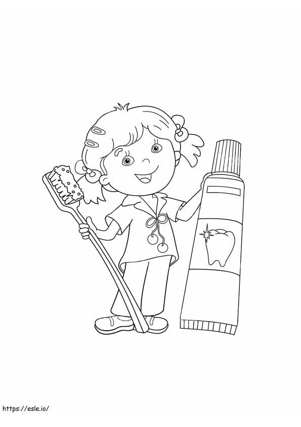 歯ブラシと歯磨き粉を持つ女の子 ぬりえ - 塗り絵