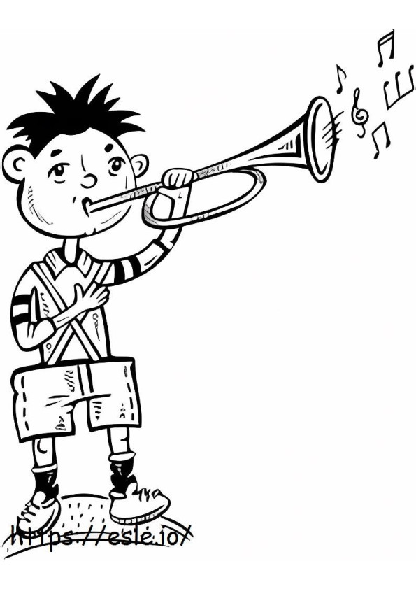 Pikkupoika puhaltaa trumpettia värityskuva