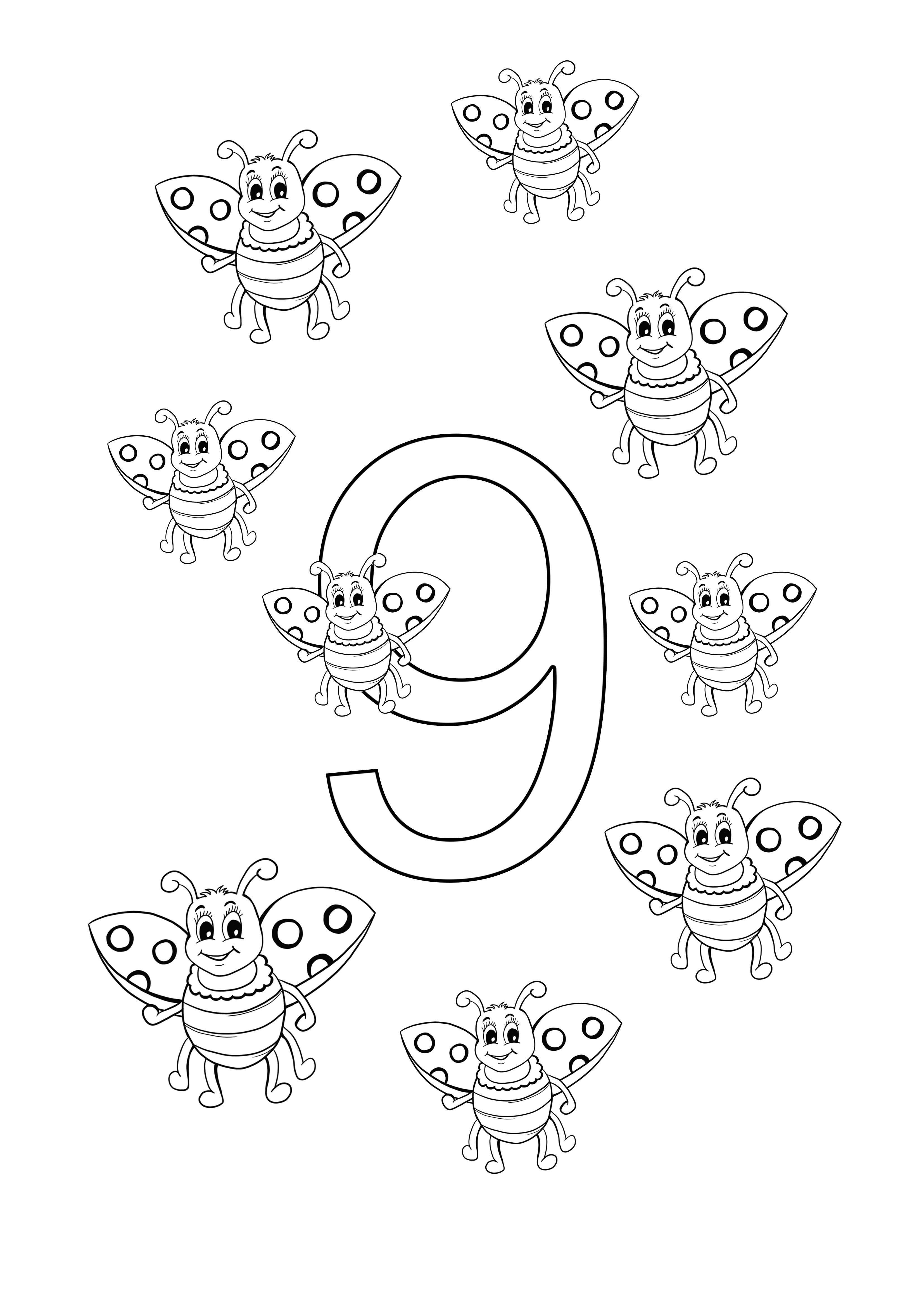 nine ladybugs numbers coloring free printing
