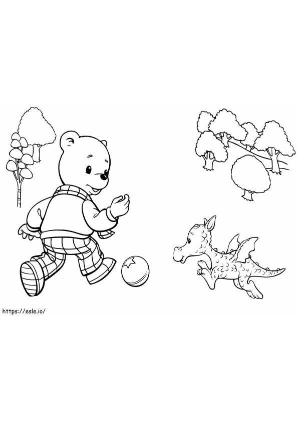 Coloriage Rupert Bear joue au ballon et au dragon à imprimer dessin