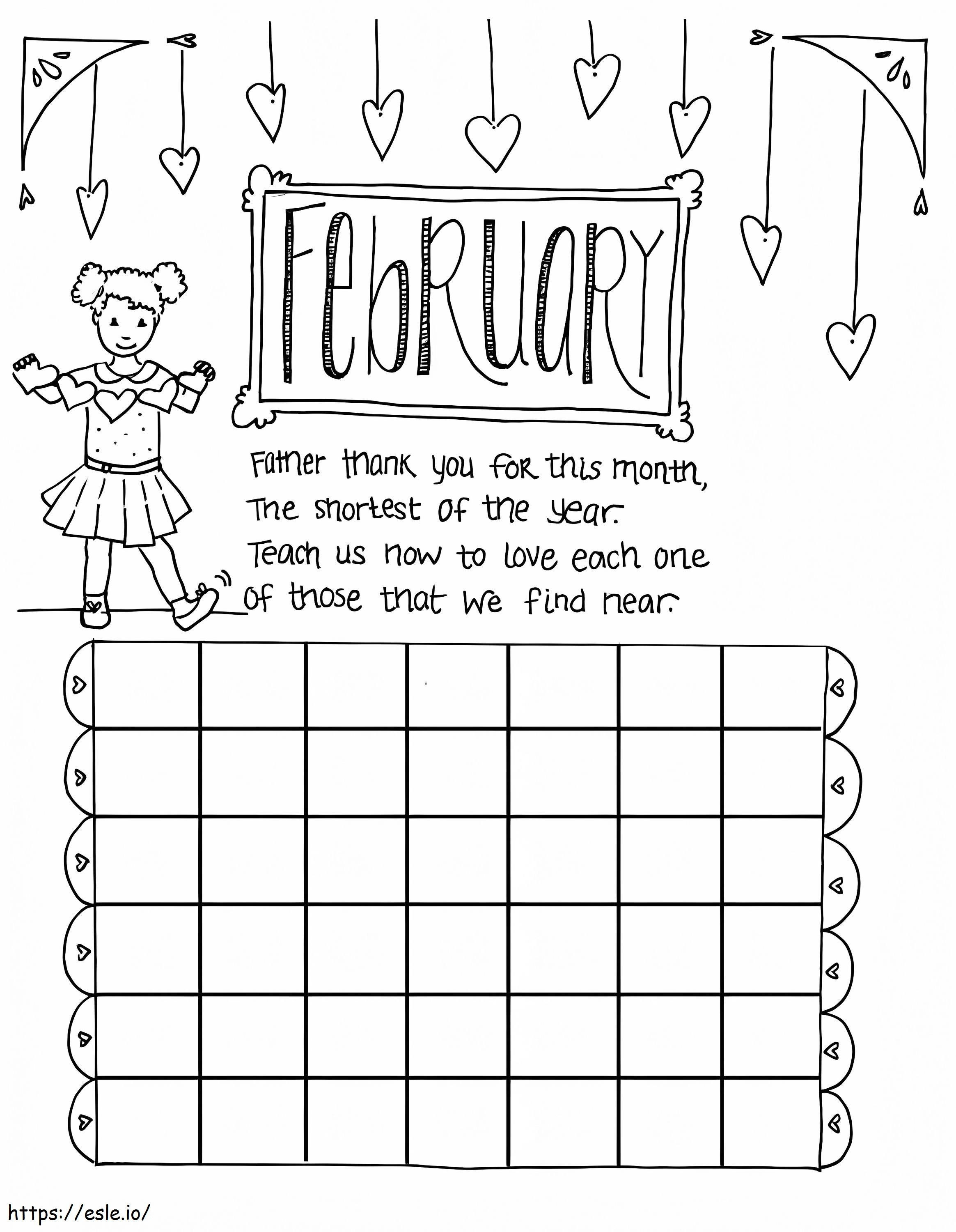 Página para colorir do calendário infantil de fevereiro para colorir