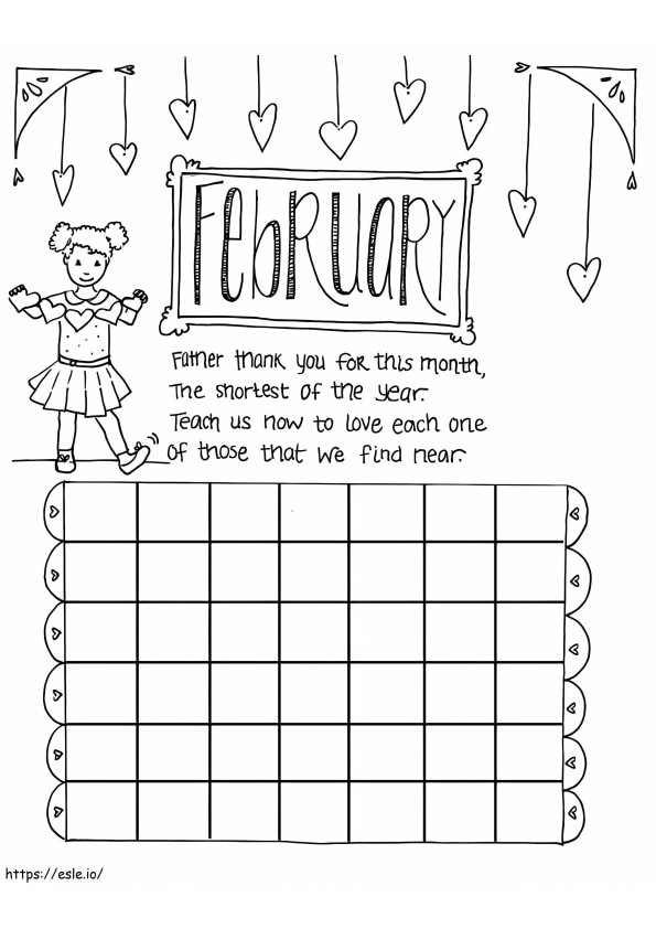 Pagina da colorare di febbraio del calendario per bambini da colorare