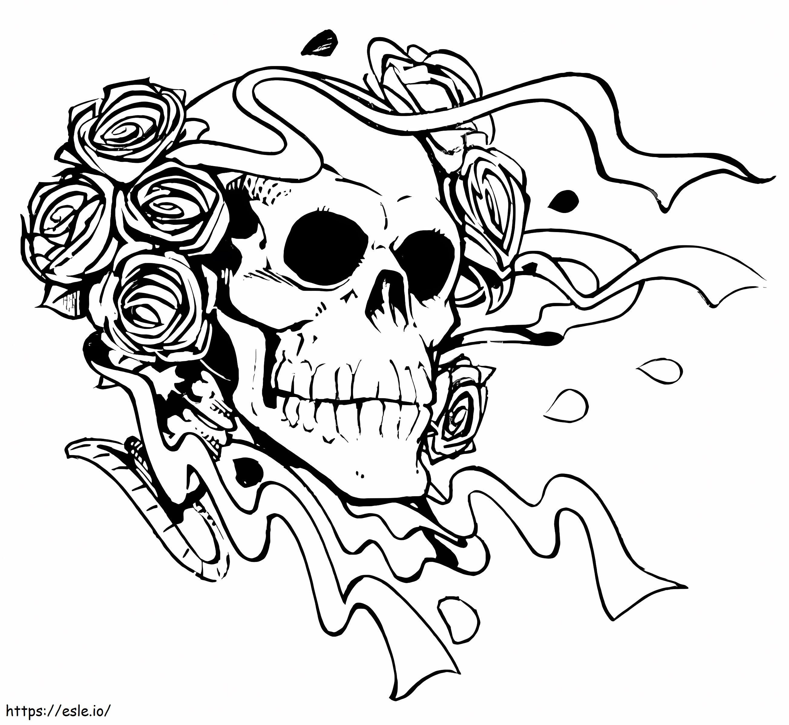 Coloriage Crâne effrayant avec des roses à imprimer dessin