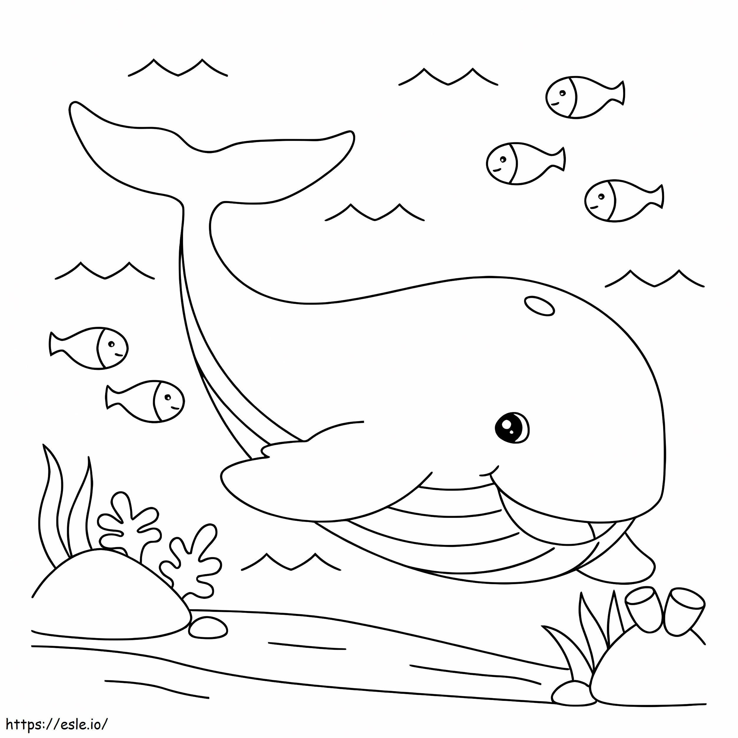 Balena divertente con tre pesci da colorare