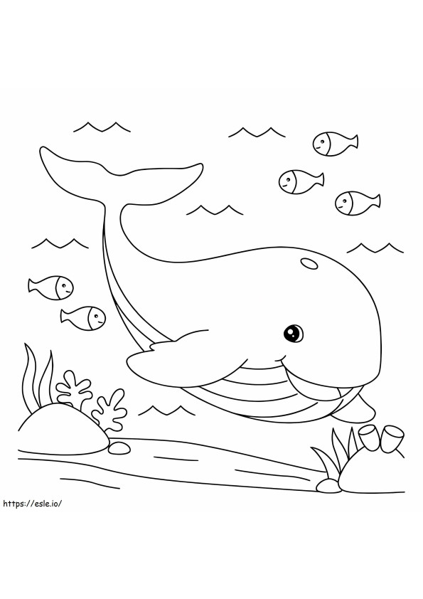 Zabawny wieloryb z trzema rybami kolorowanka