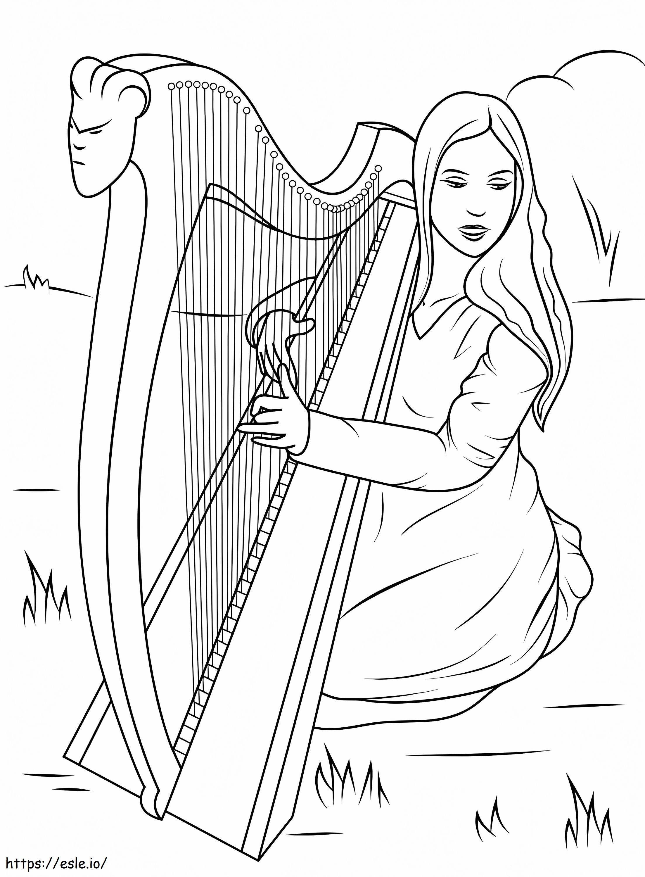 Menina tocando harpa para colorir