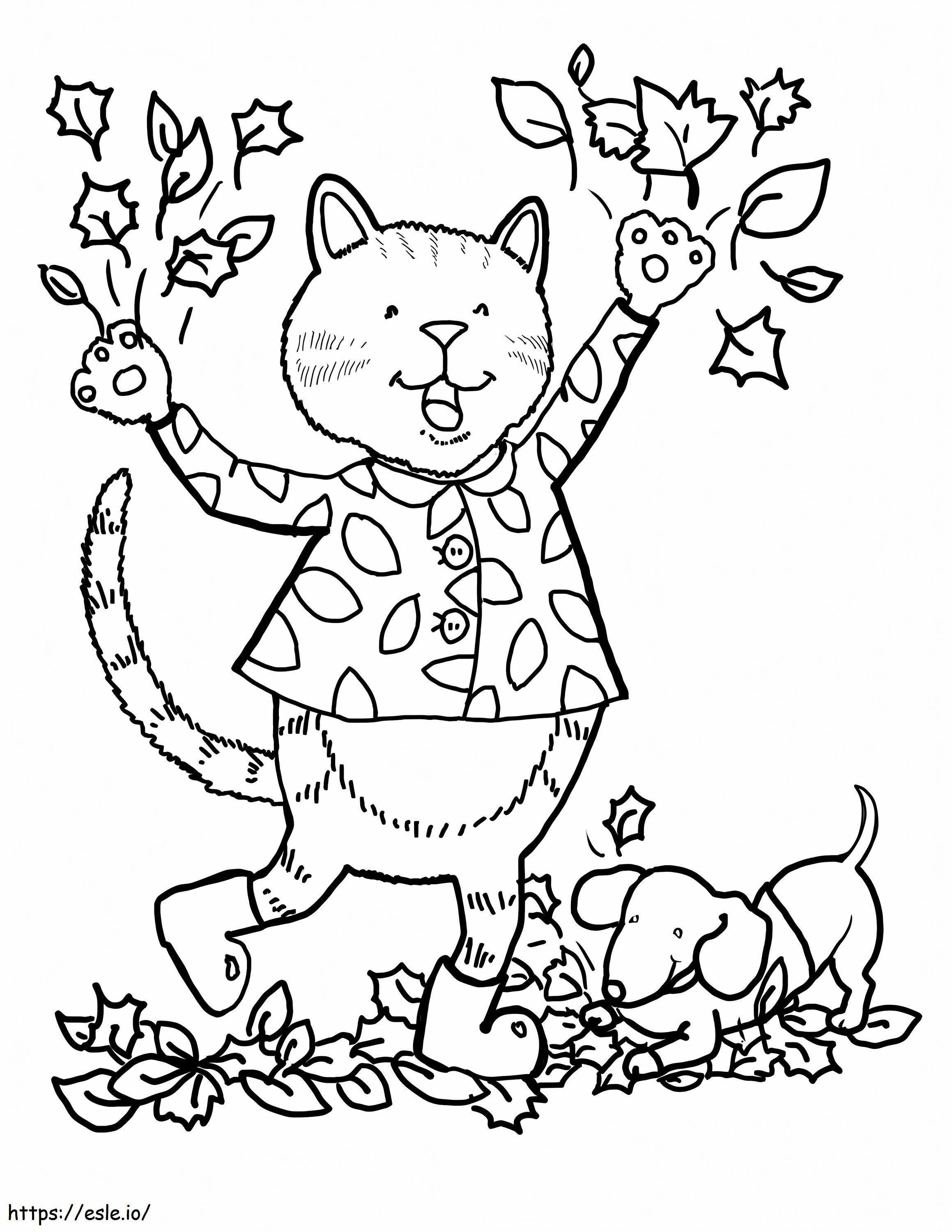Coloriage Chat et chien en automne à imprimer dessin