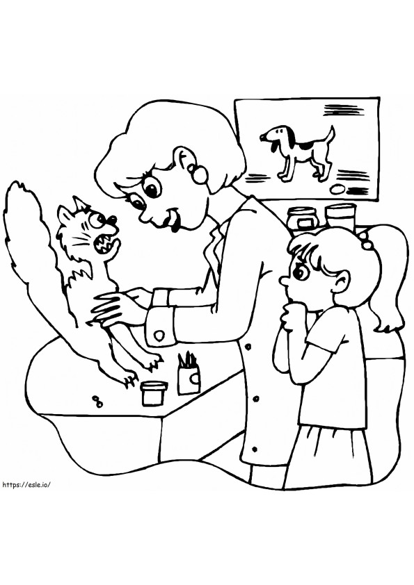 Coloriage Vétérinaire et chat effrayé à imprimer dessin