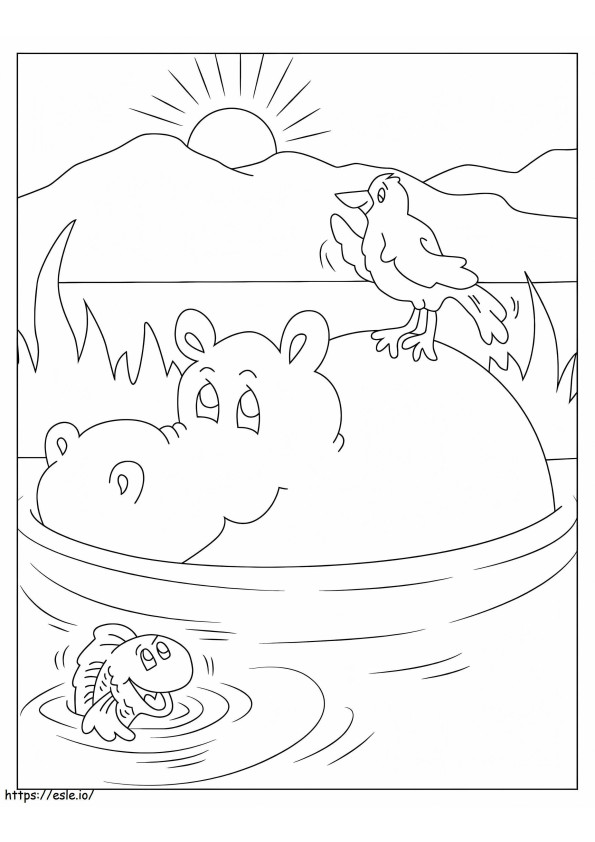 Hipopótamo com pássaros e peixes para colorir