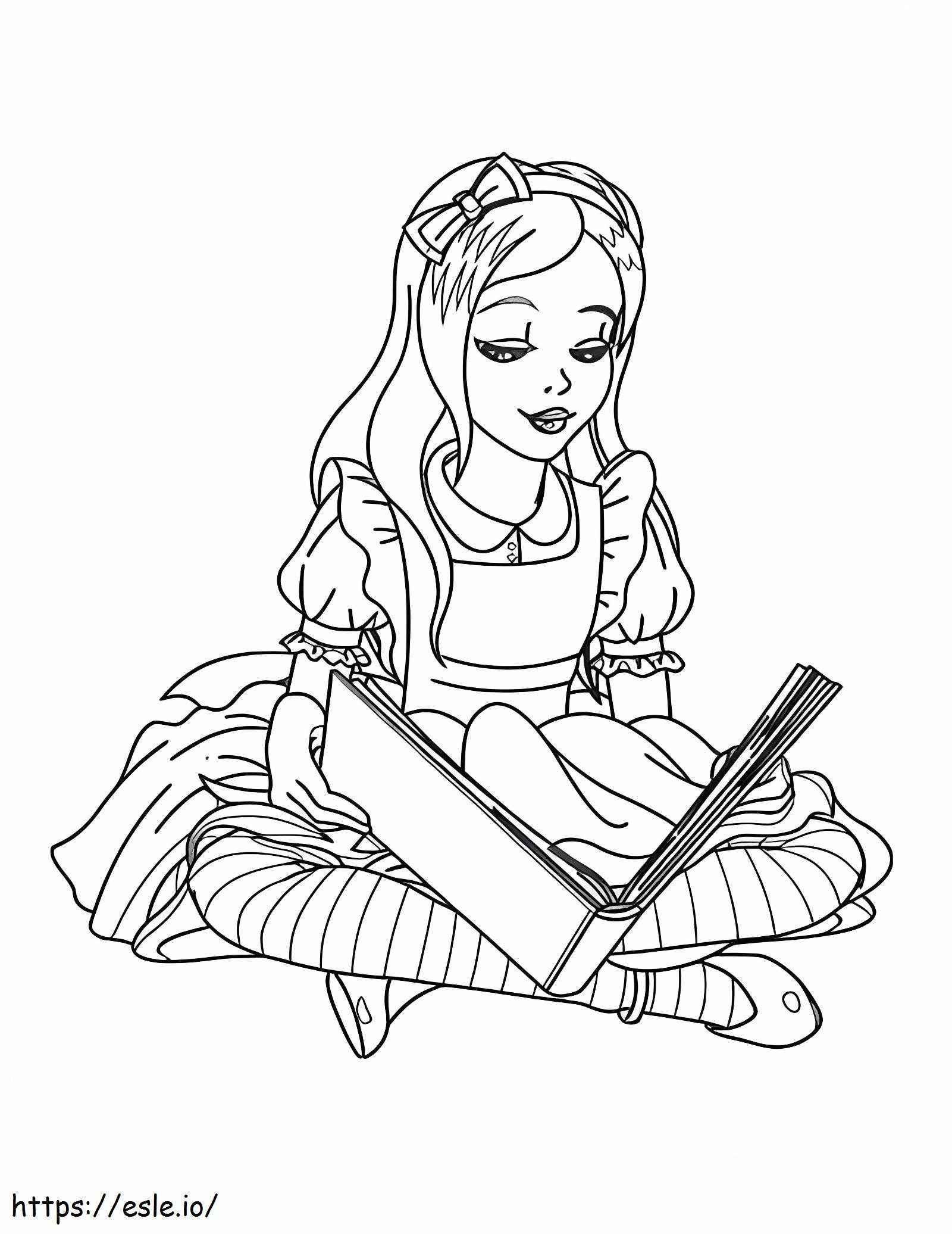 Tyttö istuu lukemassa värityskuva