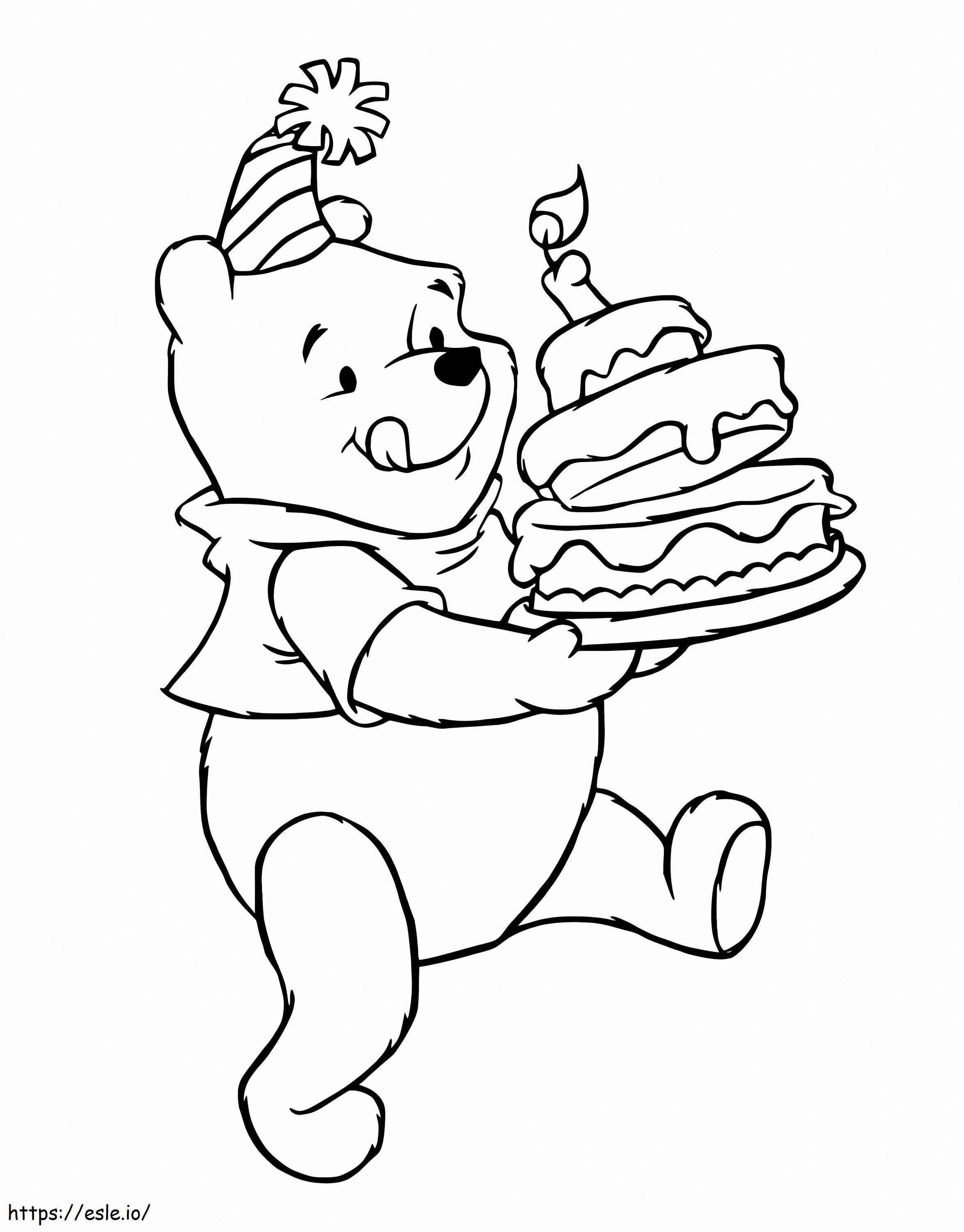 Winnie The Pooh con la torta di compleanno da colorare
