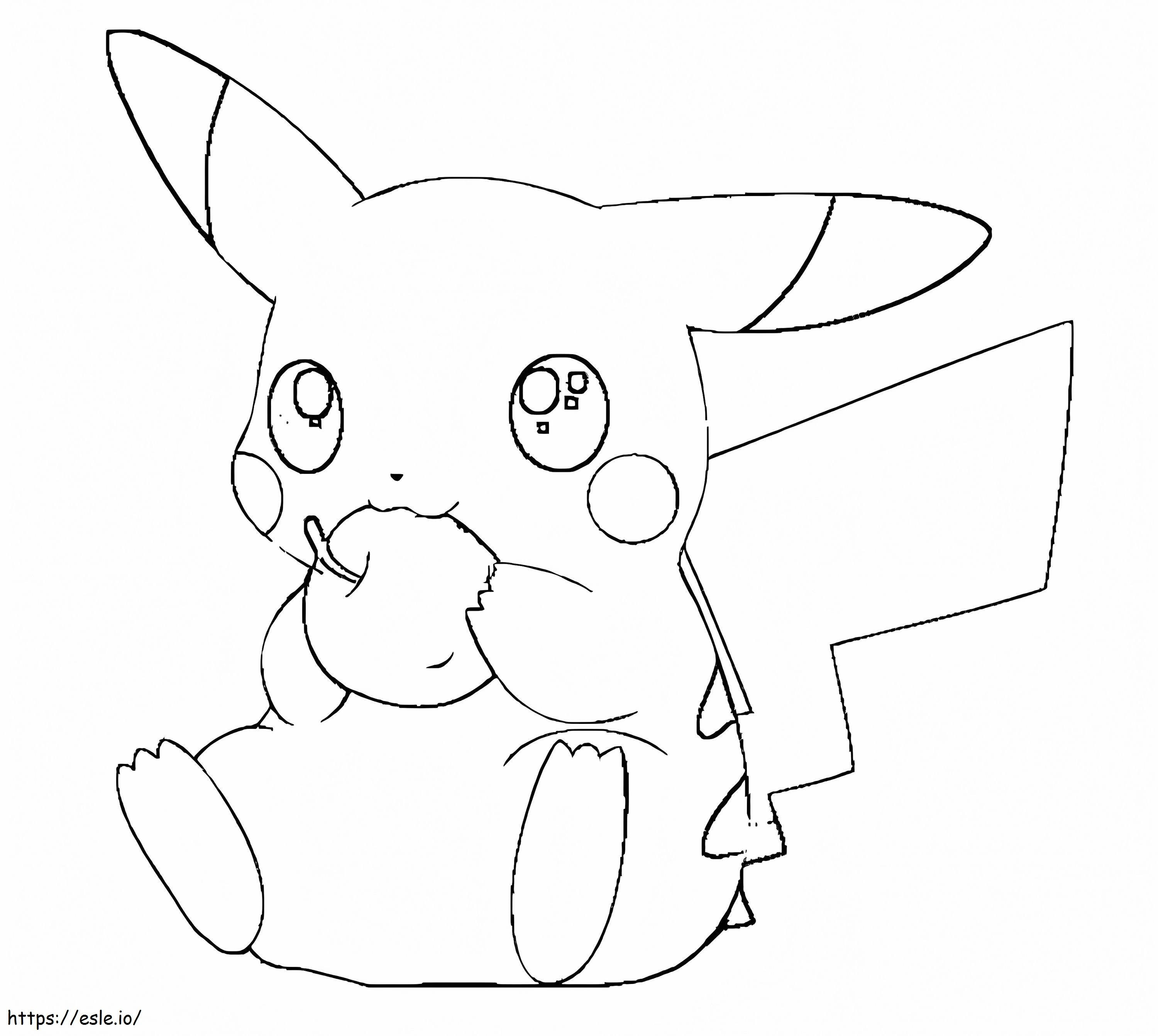 Coloriage Pikachu mangeant une pomme à imprimer dessin