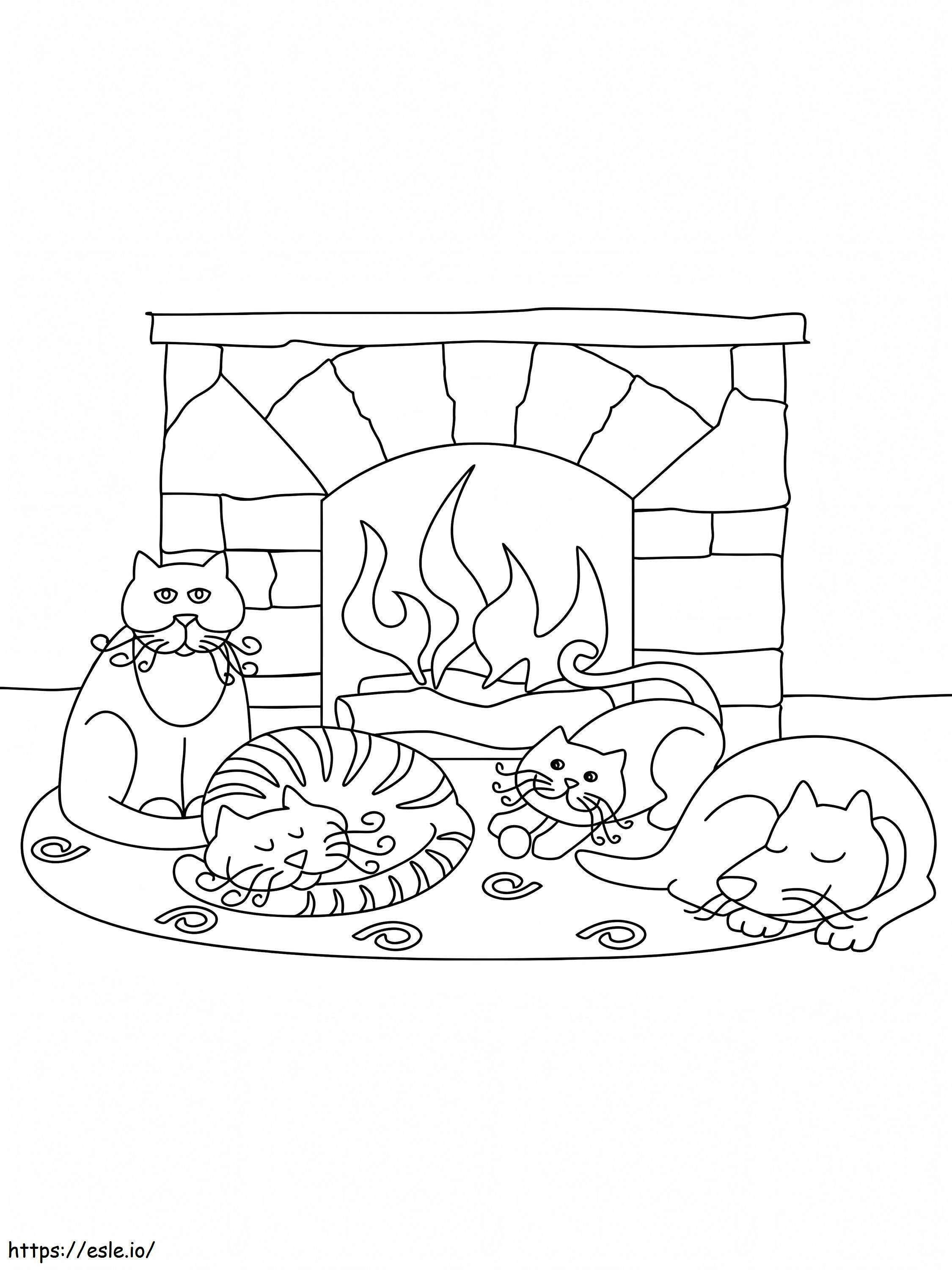 Cats And Fireplace coloring page