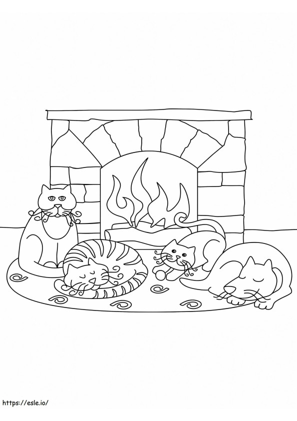 Cats And Fireplace coloring page