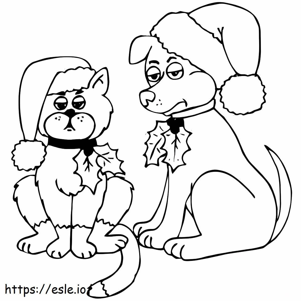 Dogs And Cat On Christmas coloring page