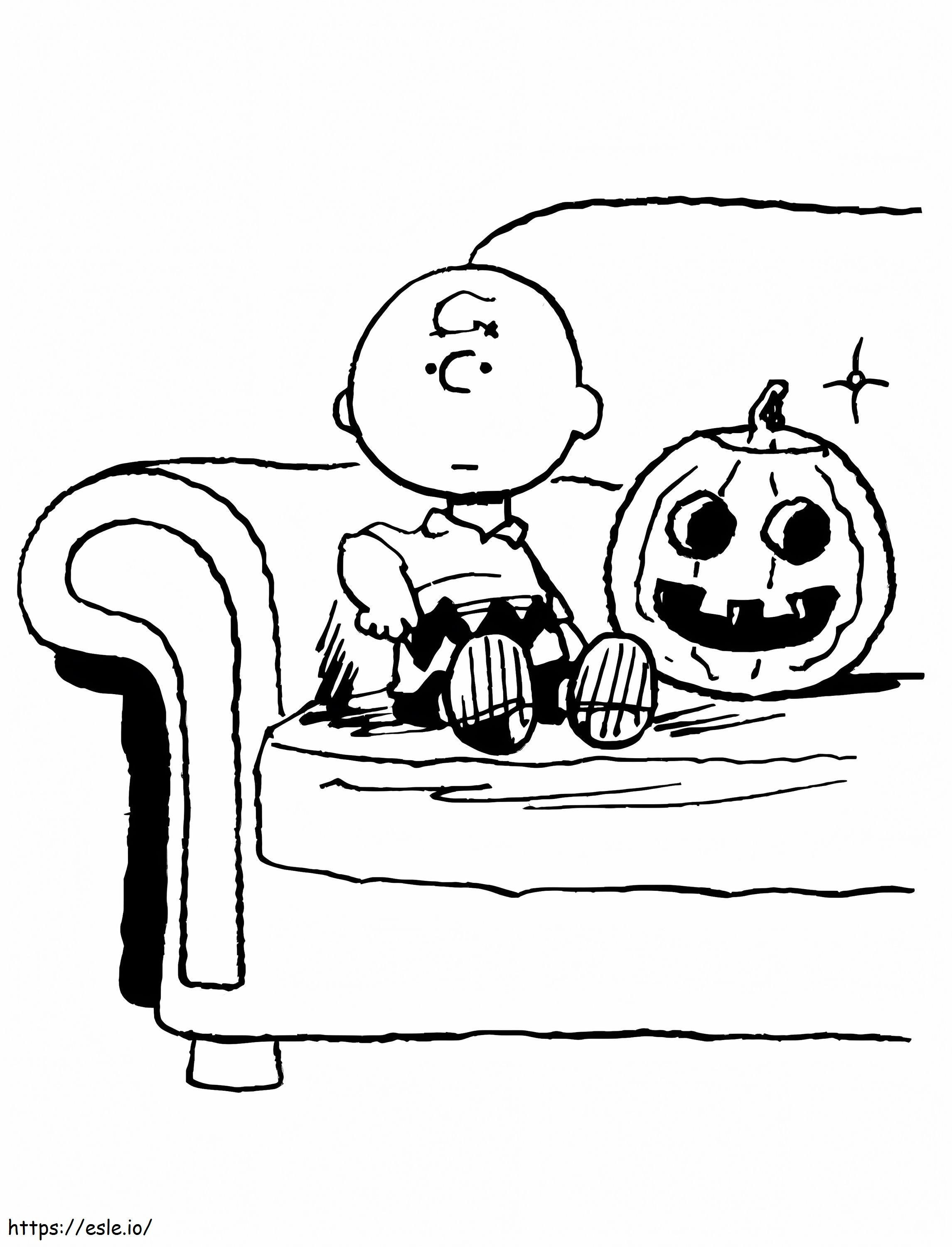 Charlie Brown istuu ja kurpitsa värityskuva
