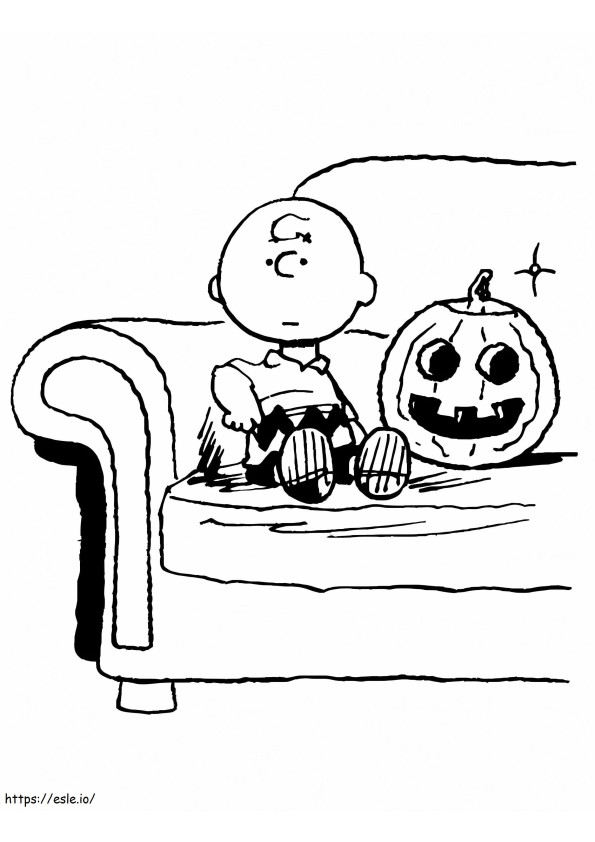 Charlie Brown istuu ja kurpitsa värityskuva