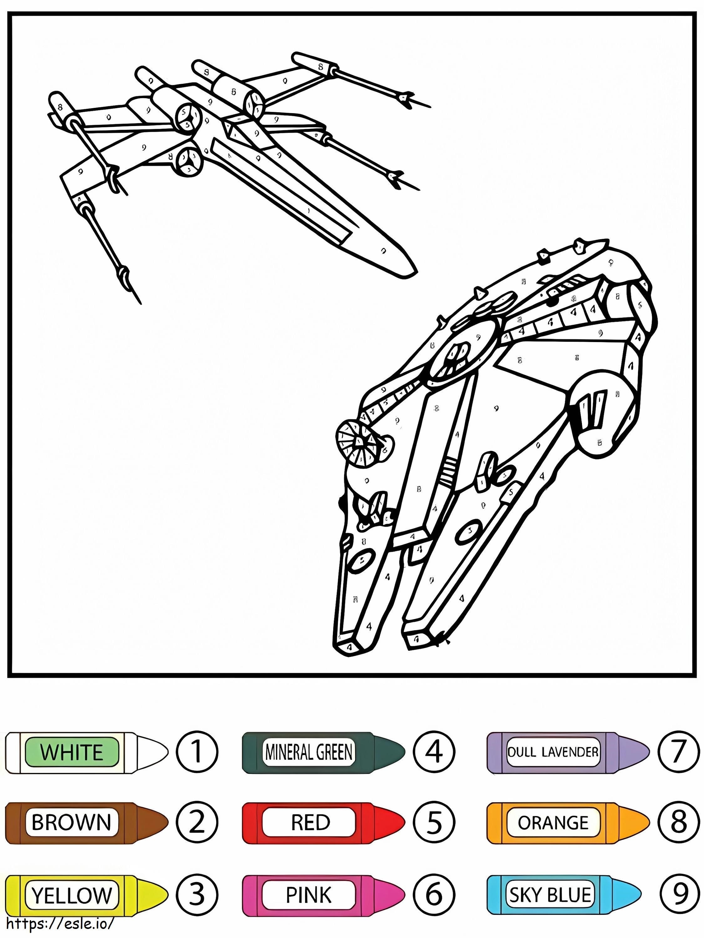 Star Wars X Wing Starfighter ja Millennium Falcon värin mukaan värityskuva