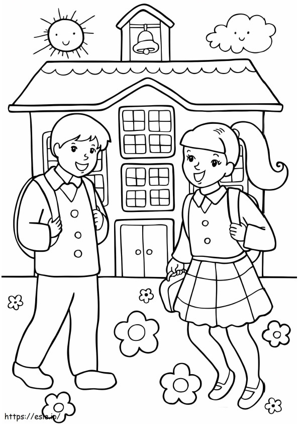 Menina e menino na escola para colorir