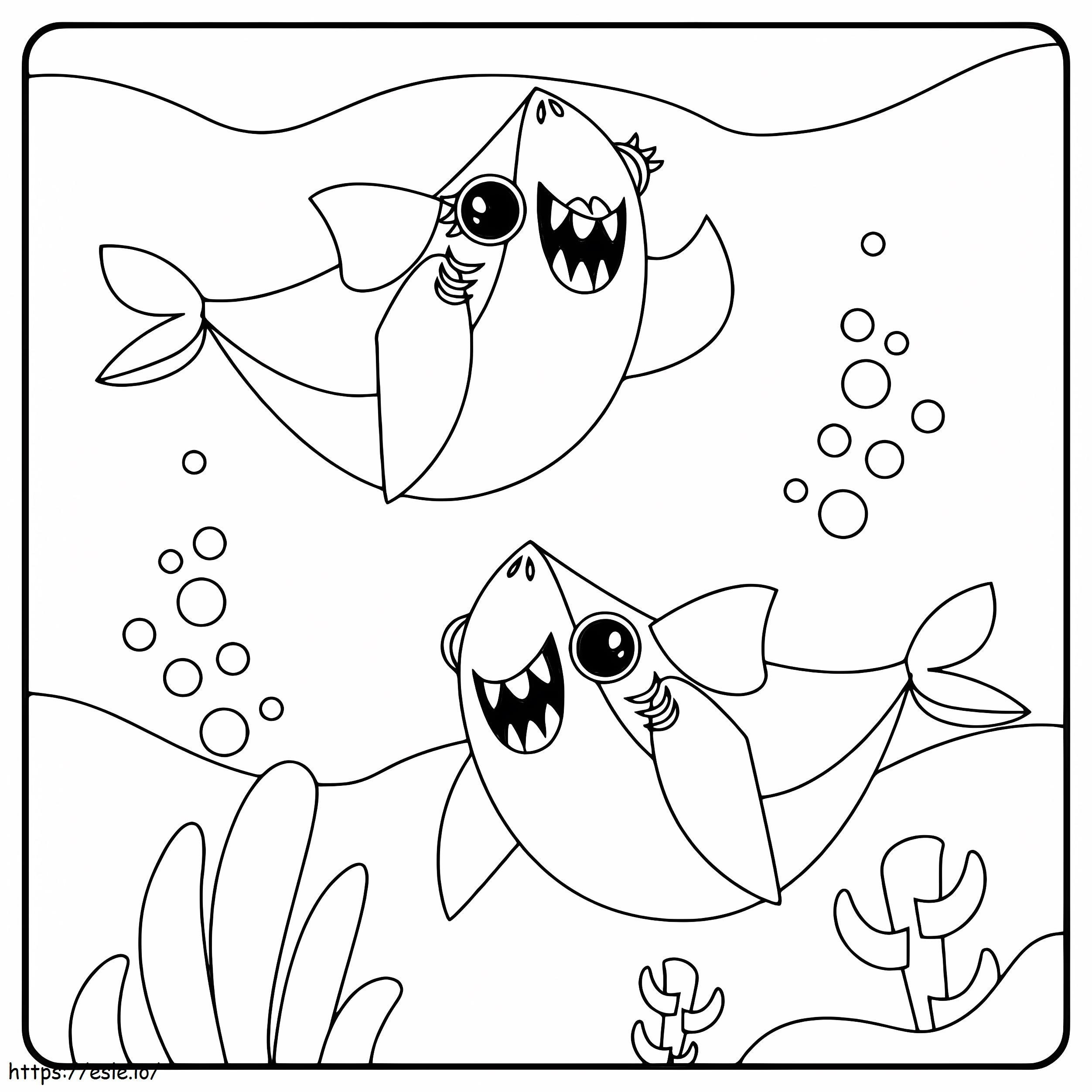 2 つの幸せな赤ちゃんサメ ぬりえ - 塗り絵