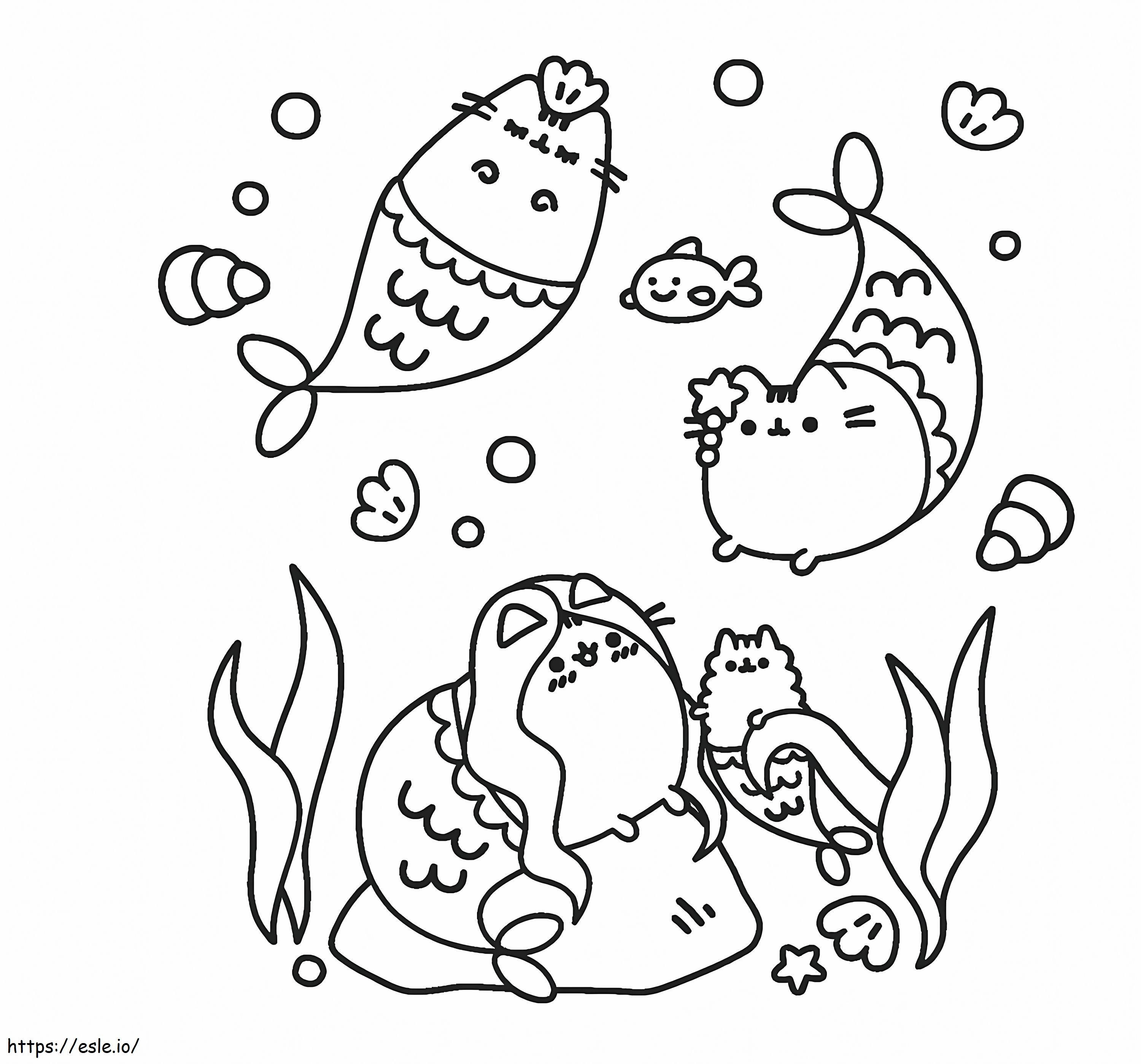 Four Pusheen Mermaid coloring page