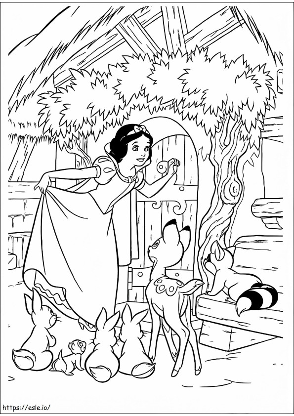 Snow White And Animal With House coloring page