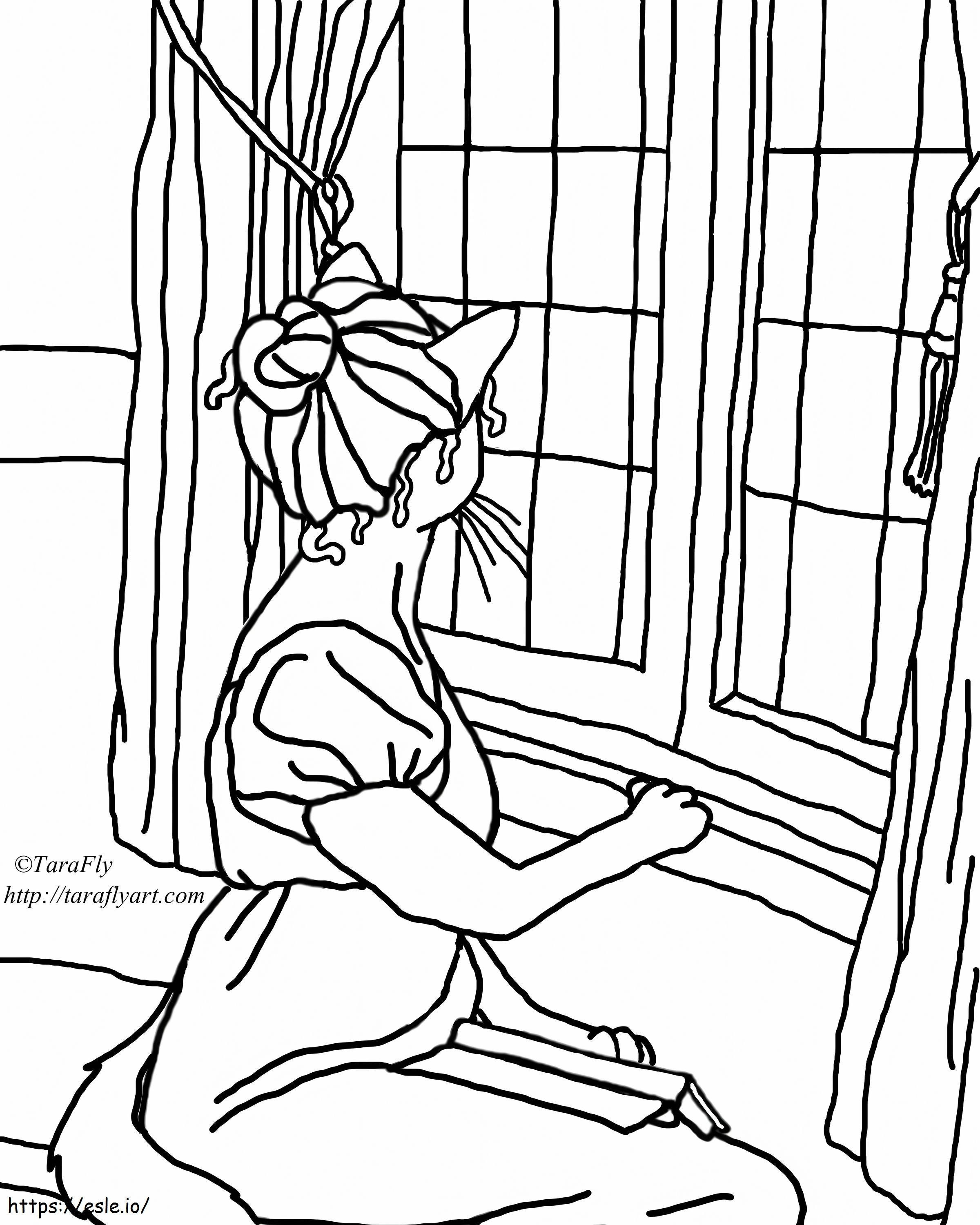 窓の外を眺める女性 ぬりえ - 塗り絵