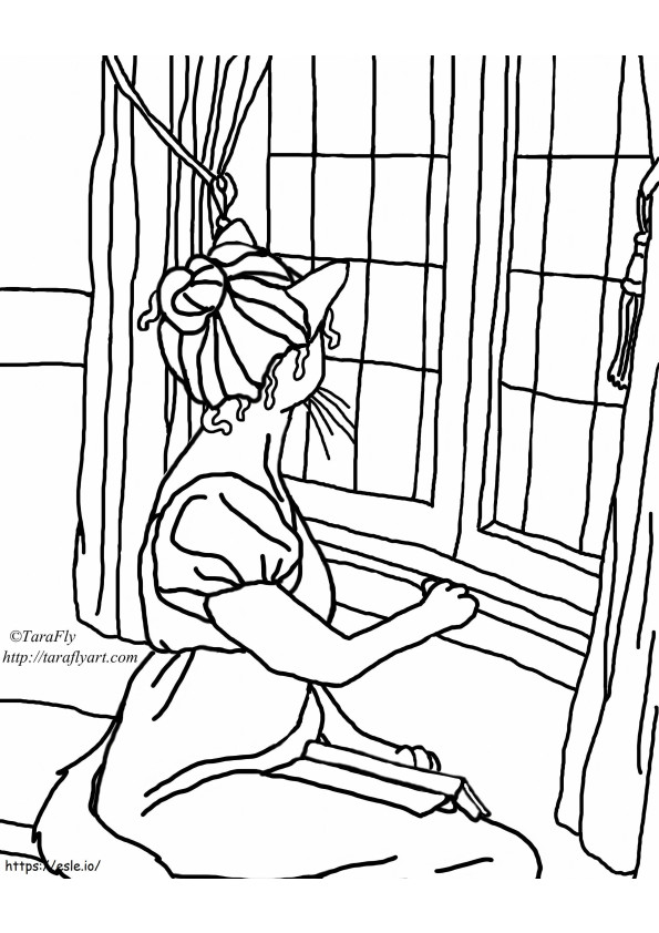 窓の外を眺める女性 ぬりえ - 塗り絵