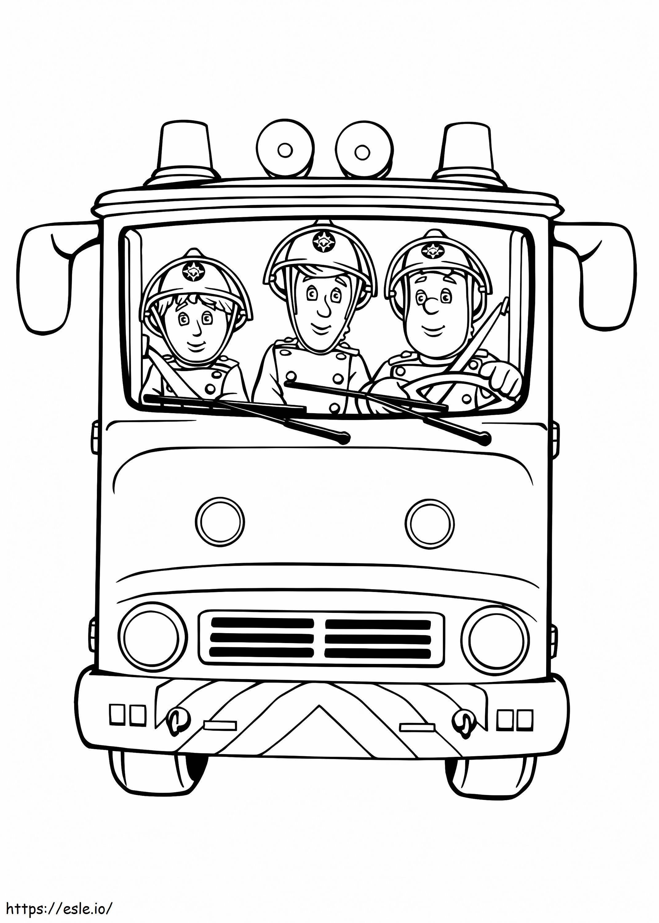Firefighter Sam And His Teammates On A Fire Truck coloring page