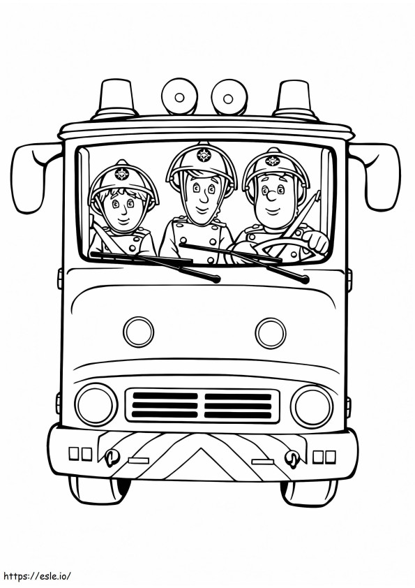 Coloriage Le pompier Sam et ses coéquipiers sur un camion de pompiers à imprimer dessin
