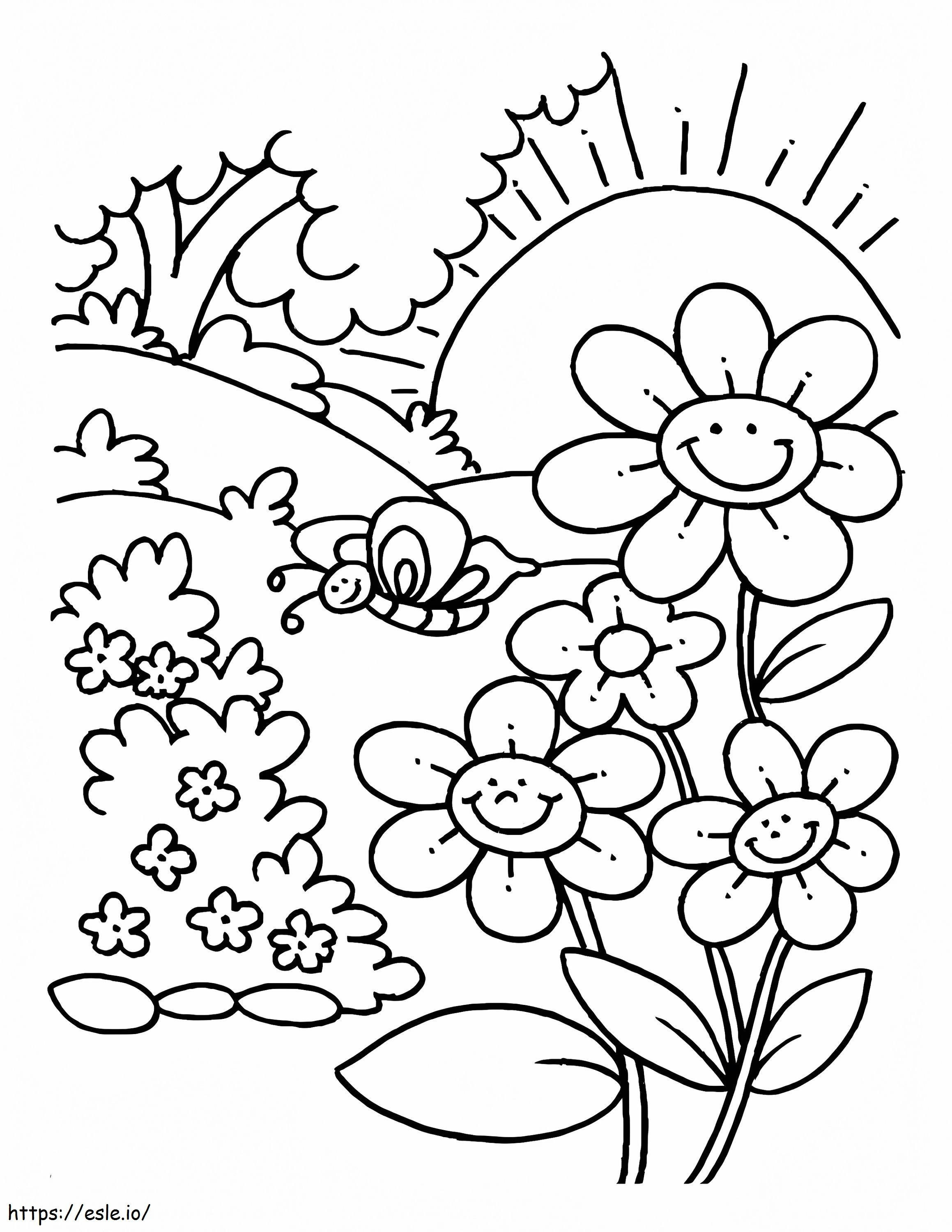 Coloriage Jardin de fleurs heureux à imprimer dessin