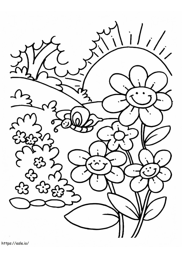 Coloriage Jardin de fleurs heureux à imprimer dessin