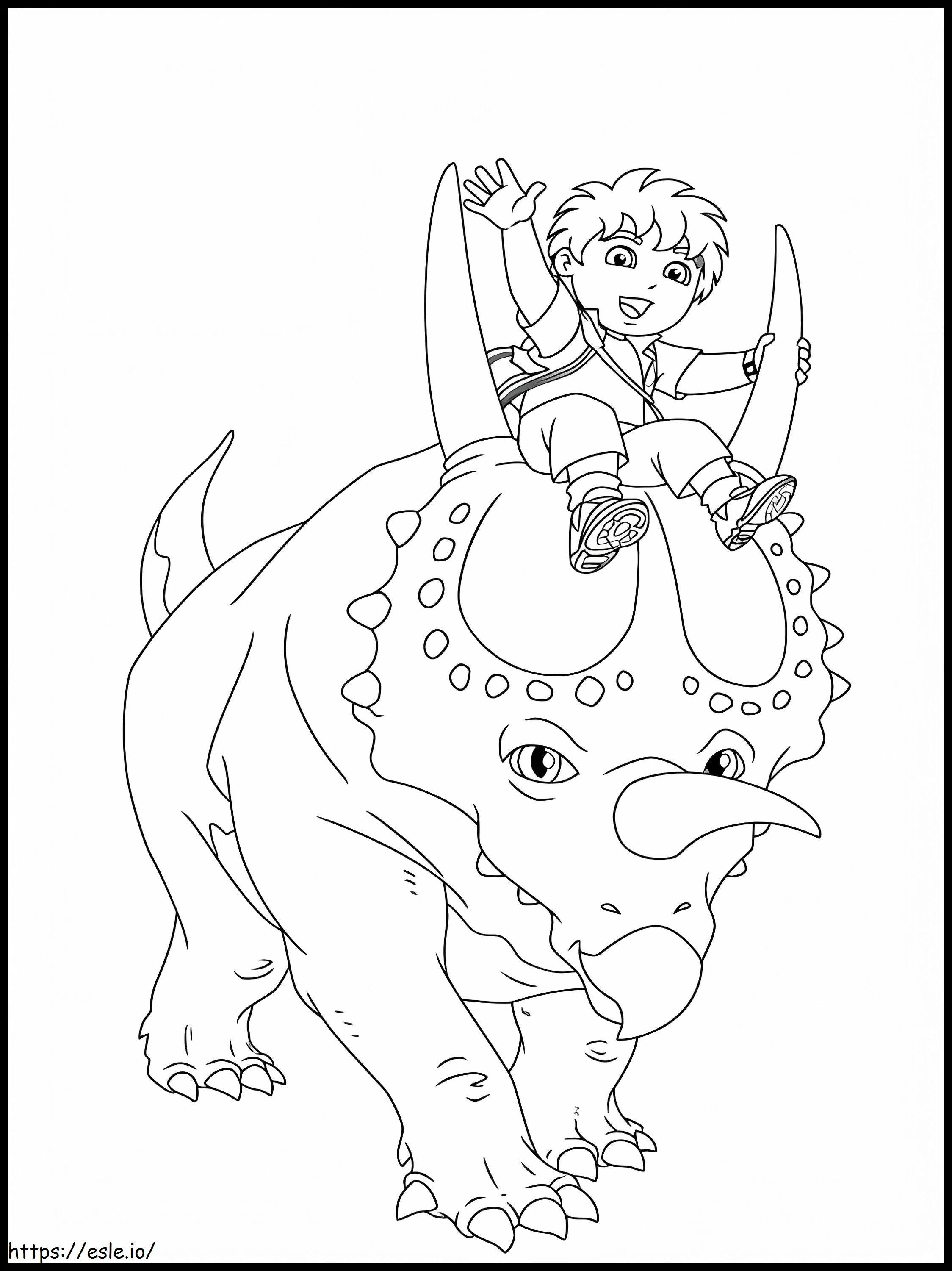 Diego montando um dinossauro de três chifres para colorir