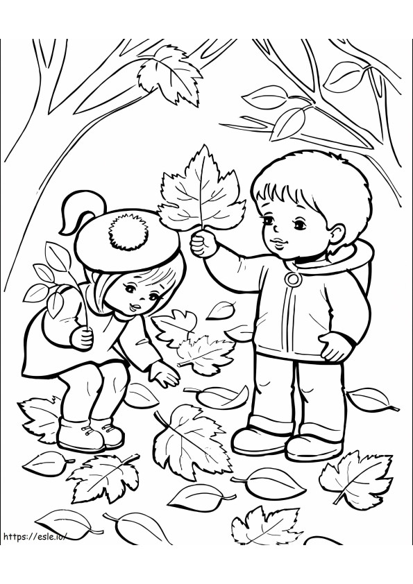 Twee schattige kinderen met bladeren in de herfst kleurplaat