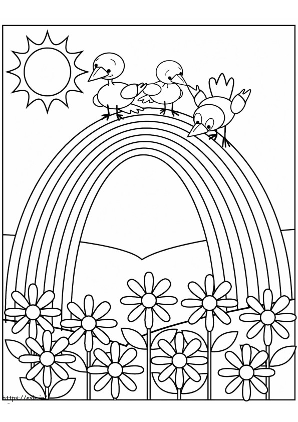 Coloriage Trois oiseaux dans l'arc-en-ciel avec des fleurs à imprimer dessin