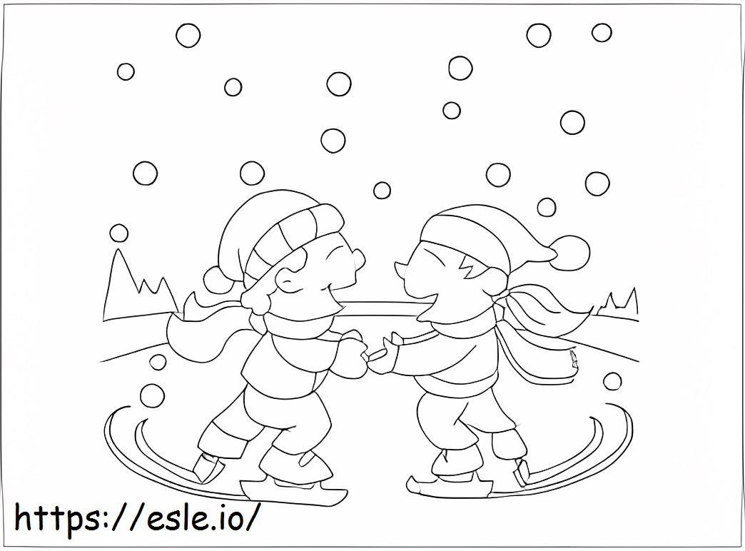 Coloriage Deux enfants drôles jouant au patinage sur glace à imprimer dessin