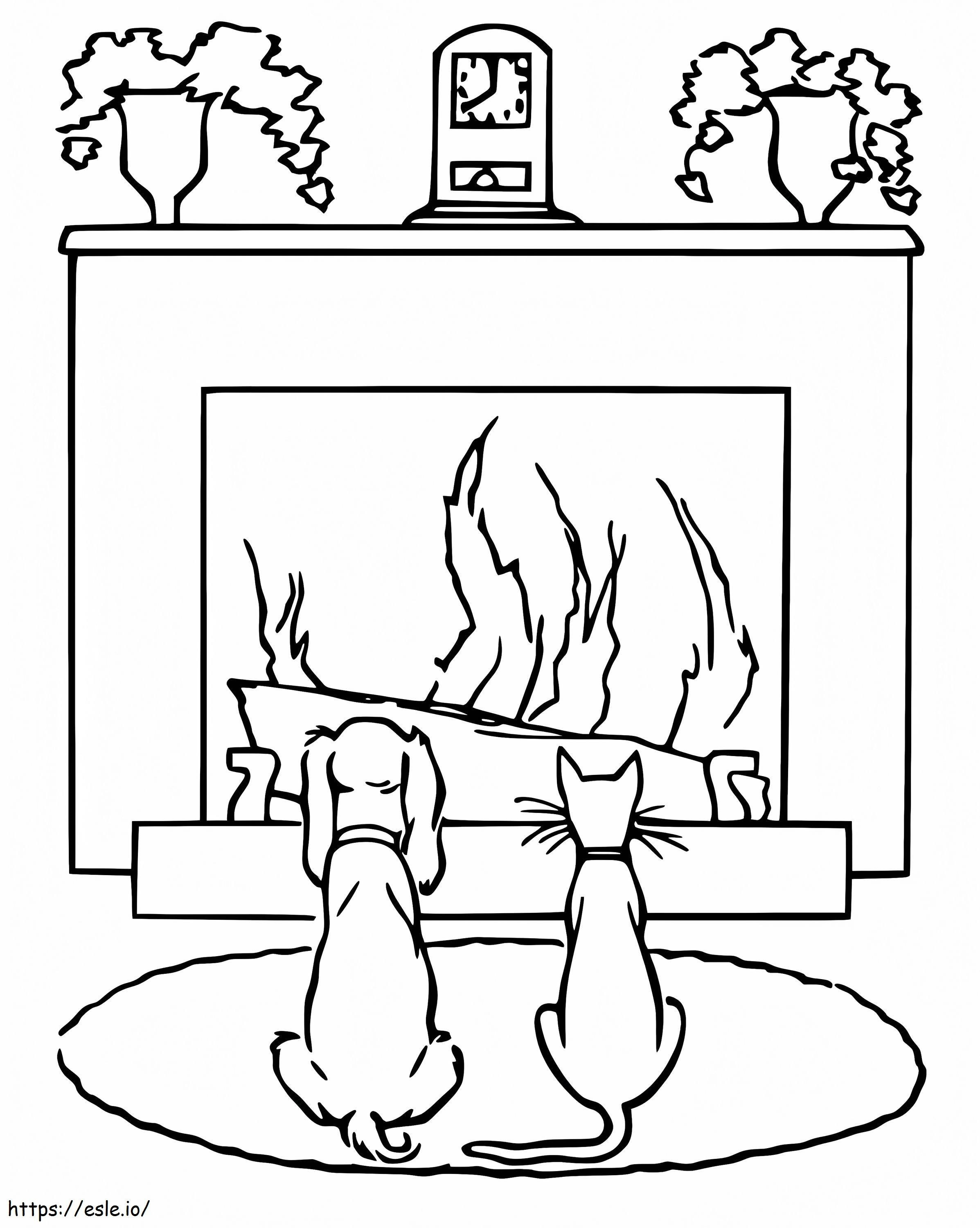 猫犬と暖炉 ぬりえ - 塗り絵
