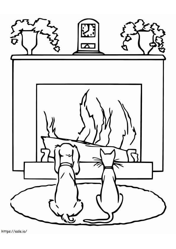 猫犬と暖炉 ぬりえ - 塗り絵
