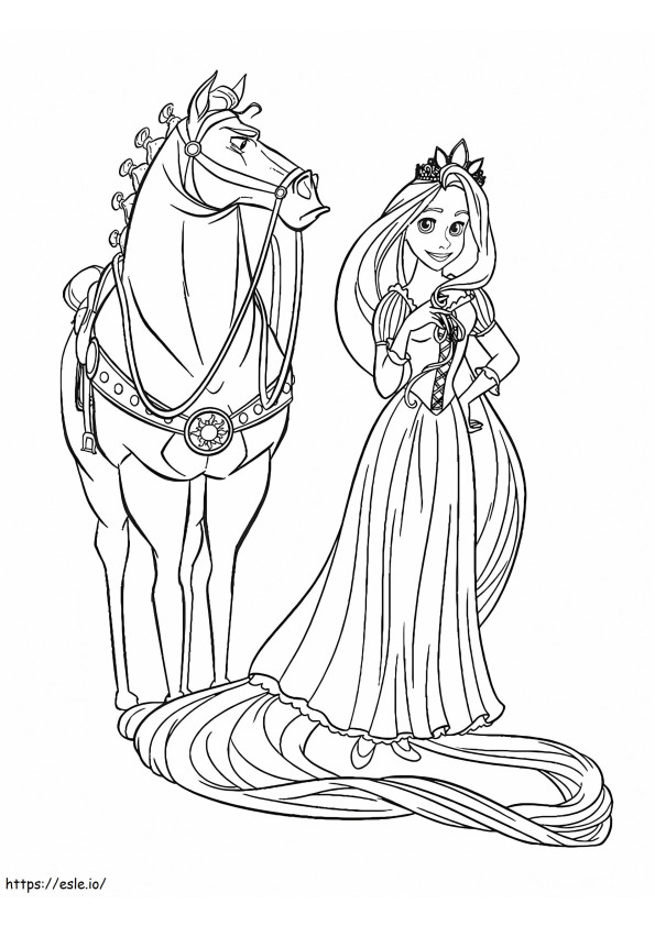 Princesa Rapunzel y caballo para colorear