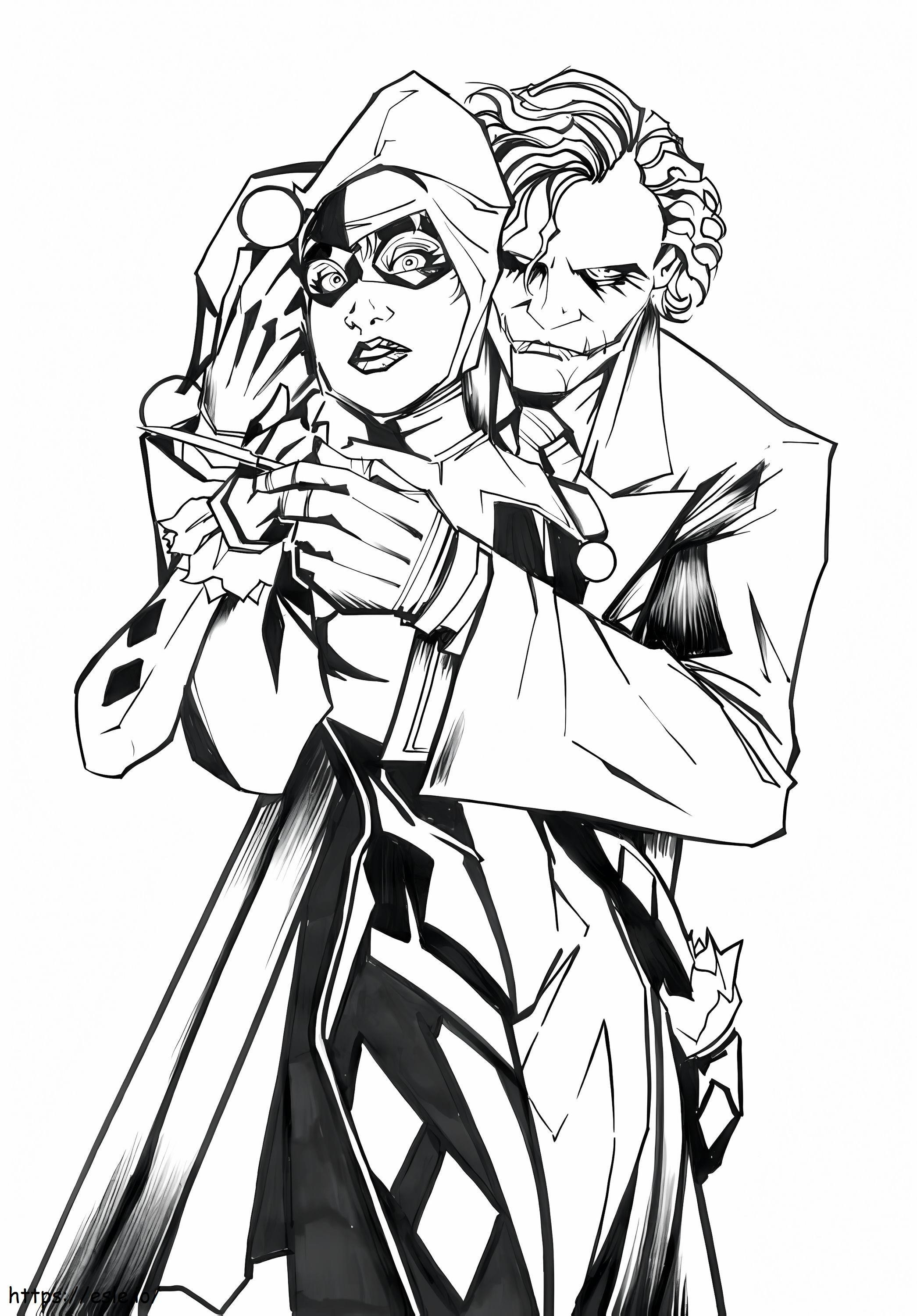 Joker care o îmbrățișează pe Harley Quinn de colorat