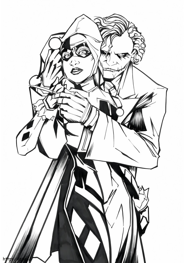 Joker care o îmbrățișează pe Harley Quinn de colorat