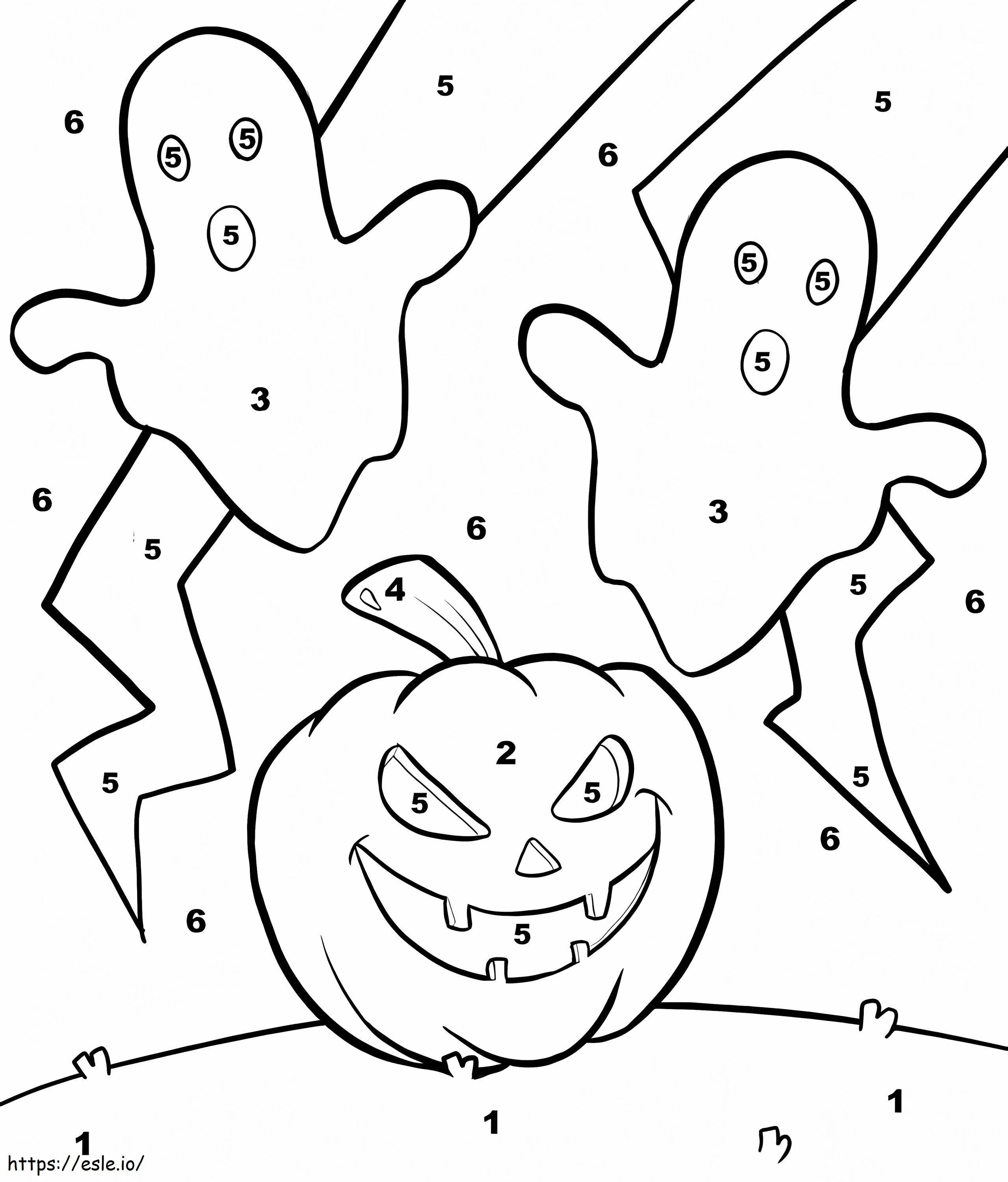 Halloween-geesten en pompoenkleur op nummer kleurplaat kleurplaat