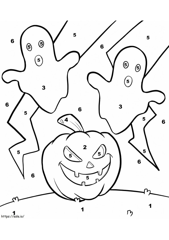 Fantome de Halloween și dovleac culoare după număr de colorat