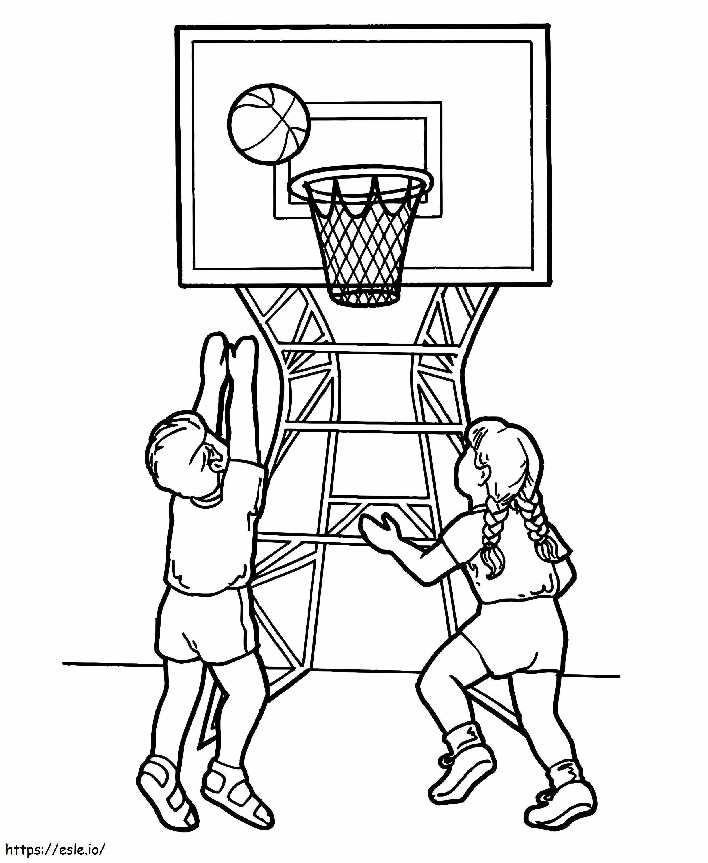 Twee kinderen die basketbal spelen kleurplaat kleurplaat