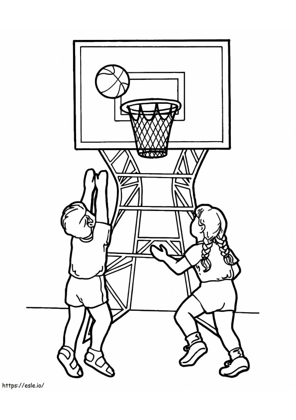 バスケットボールをする 2 人の子供 ぬりえ - 塗り絵