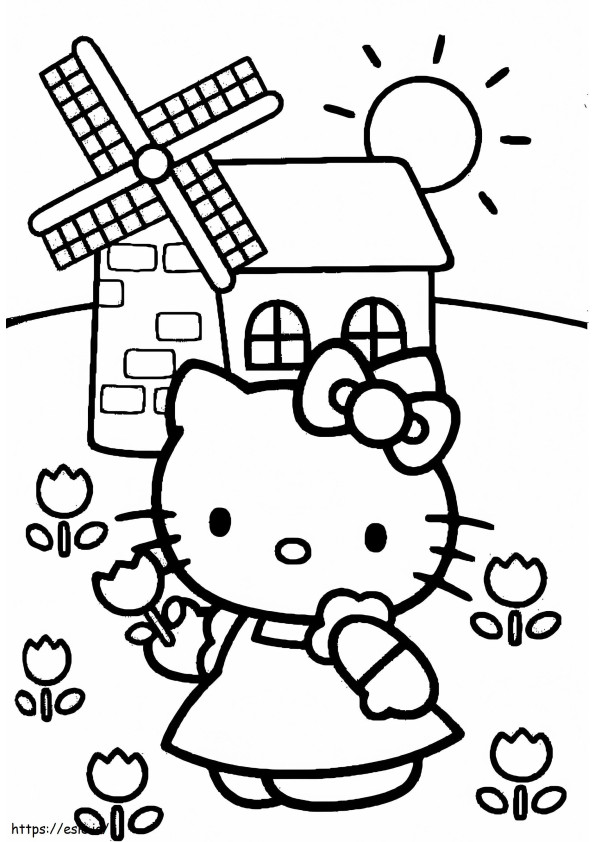 Hello Kitty en el jardín de flores para colorear